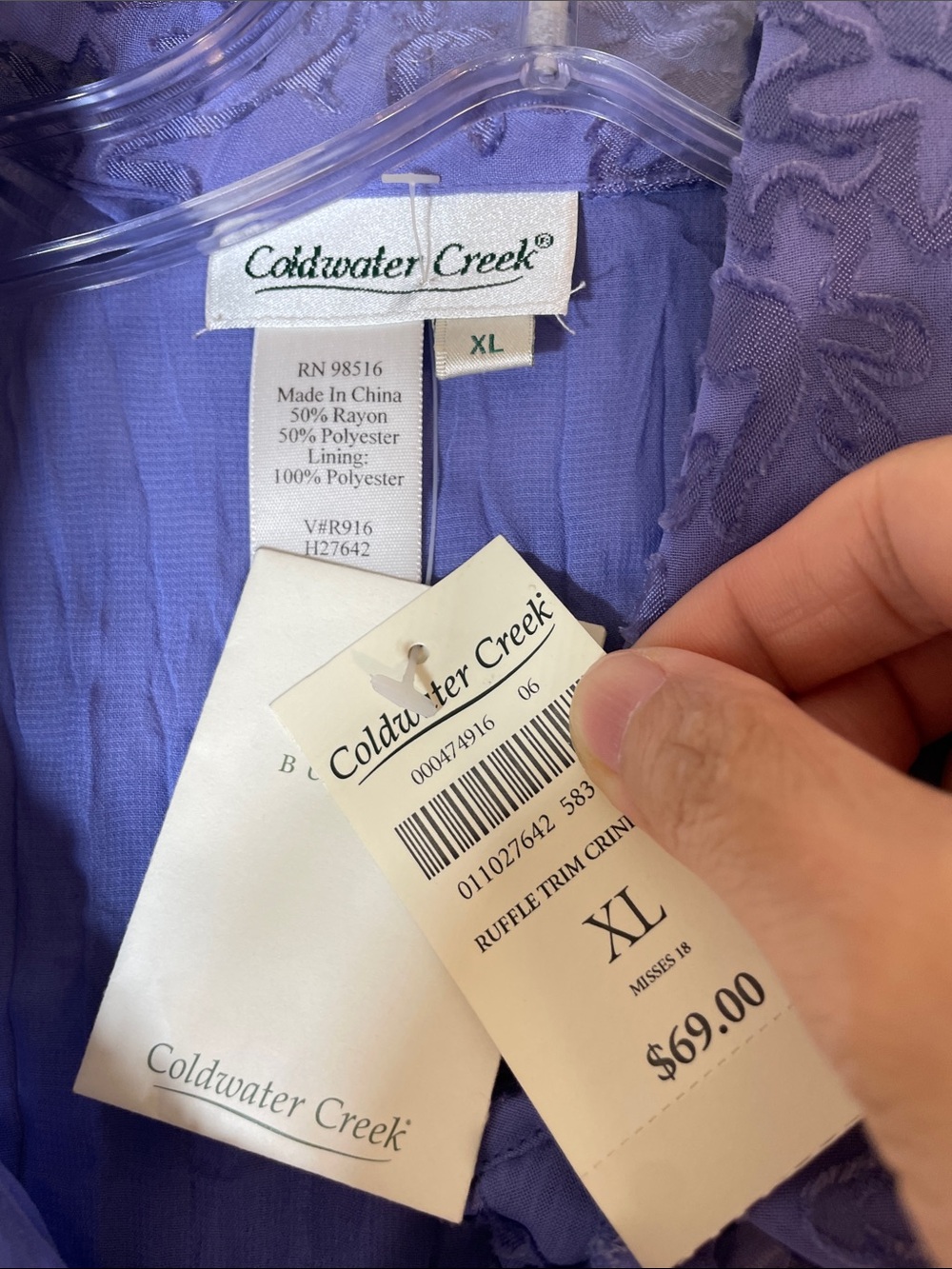 Coldwater Creek Lavender Ruffle Front Crinkled Blouse. XL. NWT. - Picture 2 of 11